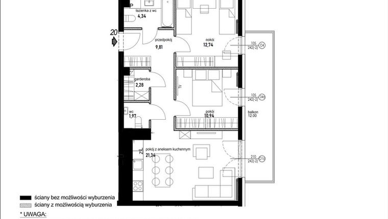 Rzut - Mieszkanie na sprzedaż 3 pokoje o powierzchni 65,64 m² - numer B7.20 w Andromeda
