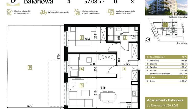 Rzut - Mieszkanie na sprzedaż 3 pokoje o powierzchni 57,08 m² - numer 4 w Apartamenty Balonowa