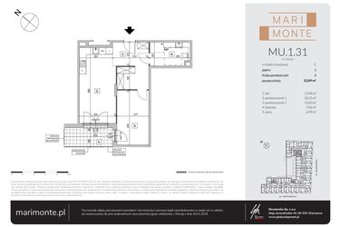 Rzut - Mieszkanie na sprzedaż 2 pokoje o powierzchni 52,89 m² - numer MU.1.31 w Marimonte - apartamenty inwestycyjne