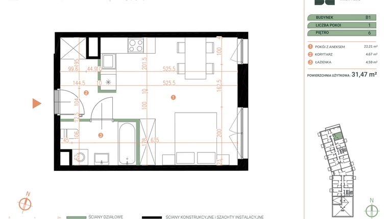Rzut - Mieszkanie na sprzedaż 1 pokój o powierzchni 31,47 m² - numer M.06.14 w Casa Feliz Portowa II