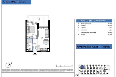 Rzut - Mieszkanie na sprzedaż 2 pokoje o powierzchni 34,94 m² - numer A.1.01 w Wind Yacht