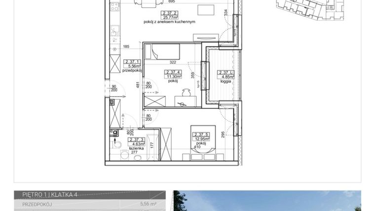 Rzut - Mieszkanie na sprzedaż 3 pokoje o powierzchni 60,21 m² - numer 107 w Wave
