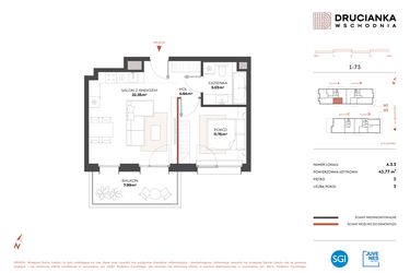 Rzut - Mieszkanie na sprzedaż 2 pokoje o powierzchni 43,77 m² - numer A.5.2 w Drucianka Wschodnia