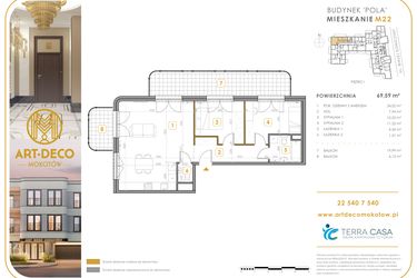 Rzut - Mieszkanie na sprzedaż 3 pokoje o powierzchni 69,59 m² - numer M22 w Art Deco Mokotów Pola