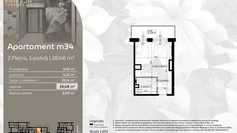Rzut - Mieszkanie na sprzedaż 1 pokój o powierzchni 28,48 m² - numer M34 w Finezja Targowa 49