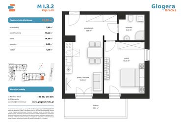 Rzut - Mieszkanie na sprzedaż 2 pokoje o powierzchni 41,28 m² - numer M I.3.2 w Glogera Bricks