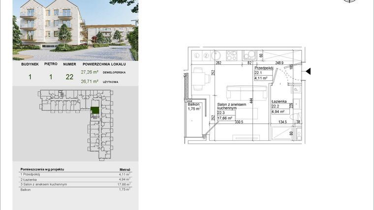 Rzut - Mieszkanie na sprzedaż 1 pokój o powierzchni 26,71 m² - numer A22 w Aleja Mickiewicza
