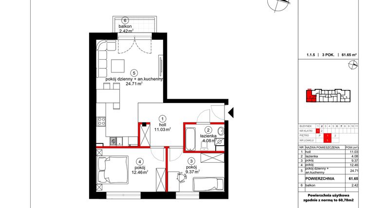Rzut - Mieszkanie na sprzedaż 3 pokoje o powierzchni 60,78 m² - numer 5 w Czynu Społecznego 65F
