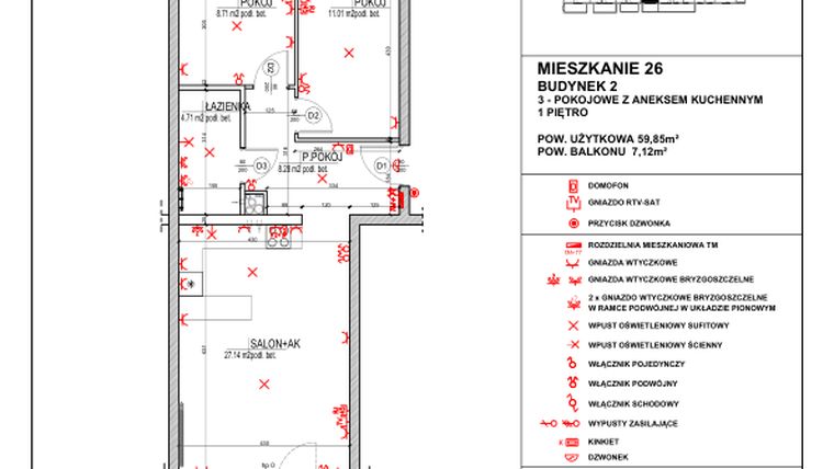 Rzut - Mieszkanie na sprzedaż 3 pokoje o powierzchni 59,85 m² - numer 2.26 w Osiedle 4 Pory Roku - Etap VII