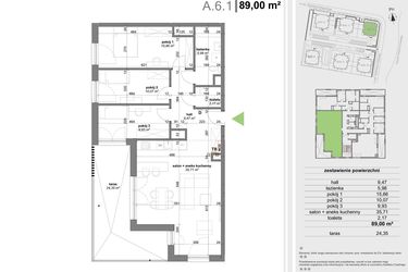 Rzut - Mieszkanie na sprzedaż 4 pokoje o powierzchni 88,41 m² - numer A.6.1 w Park Przy Stawach
