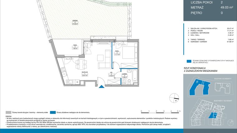 Rzut - Mieszkanie na sprzedaż 2 pokoje o powierzchni 49,03 m² - numer FB0005 w Spokojny Mokotów etap II