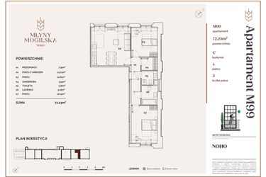 Rzut - Mieszkanie na sprzedaż 3 pokoje o powierzchni 72,23 m² - numer C.99 w Młyny Mogilska