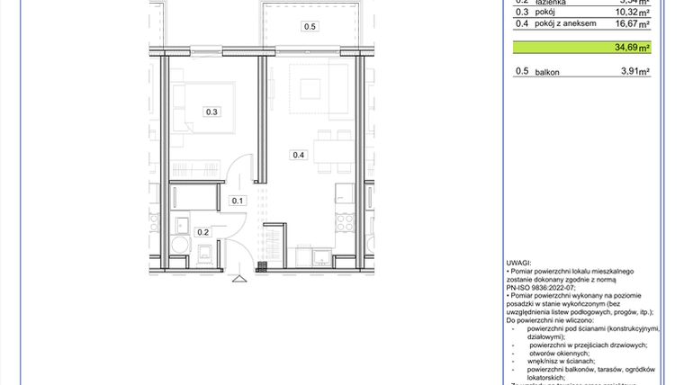 Rzut - Mieszkanie na sprzedaż 2 pokoje o powierzchni 34,69 m² - numer B.02 w EcoBerensona II