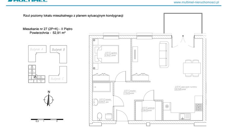 Rzut - Mieszkanie na sprzedaż 3 pokoje o powierzchni 52,43 m² - numer 27D w Dominów Rynek