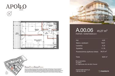 Rzut - Mieszkanie na sprzedaż 2 pokoje o powierzchni 39,72 m² - numer A.0.06 w Apollo Residence