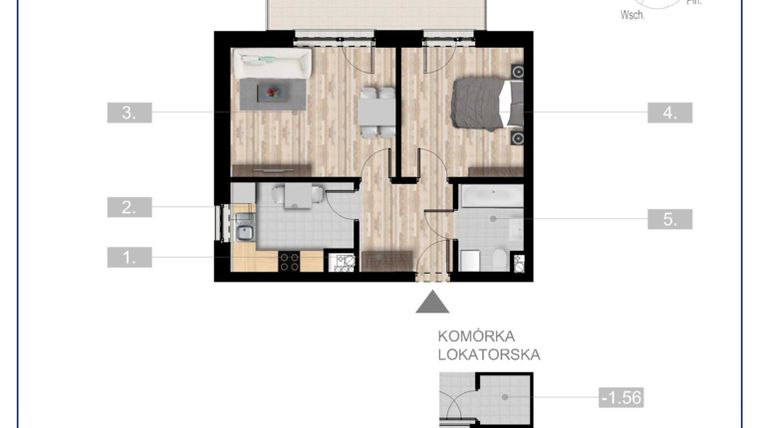 Rzut - Mieszkanie na sprzedaż 2 pokoje o powierzchni 47,84 m² - numer 18 w Szczytno Dąbrowskiego - etap 3