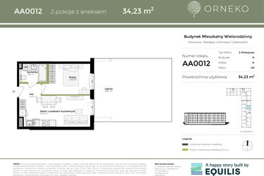 Rzut - Mieszkanie na sprzedaż 2 pokoje o powierzchni 34,23 m² - numer AA0012 w Orneko
