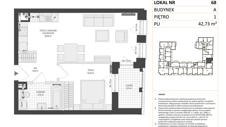 Rzut - Mieszkanie na sprzedaż 2 pokoje o powierzchni 42,73 m² - numer A.68 w Esencja