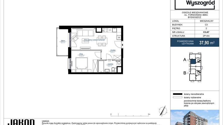 Rzut - Mieszkanie na sprzedaż 2 pokoje o powierzchni 37,9 m² - numer C3.A7 w Nowy Wyszogród etap III