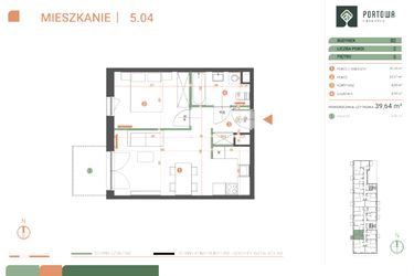 Rzut - Mieszkanie na sprzedaż 2 pokoje o powierzchni 39,64 m² - numer M.05.04 w Casa Feliz Portowa