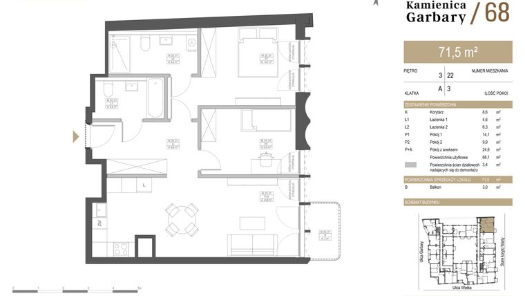 Rzut - Mieszkanie na sprzedaż 3 pokoje o powierzchni 71,5 m² - numer 22 w Garbary 68