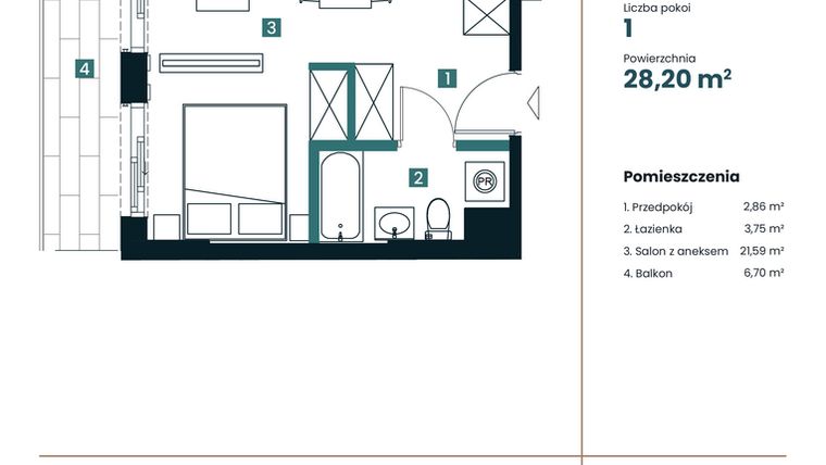 Rzut - Mieszkanie na sprzedaż 1 pokój o powierzchni 28,2 m² - numer M106 w Sea Breeze