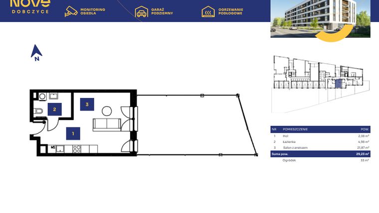 Rzut - Mieszkanie na sprzedaż 1 pokój o powierzchni 29,23 m² - numer M03 w Nove Dobczyce