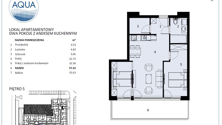 Rzut - Mieszkanie na sprzedaż 2 pokoje o powierzchni 55,68 m² - numer F510 w Polanki Aqua - budynek E i F