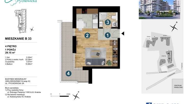 Rzut - Mieszkanie na sprzedaż 1 pokój o powierzchni 29,15 m² - numer B33 w Kapelanka-Pychowicka Etap III