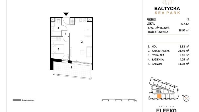 Rzut - Mieszkanie na sprzedaż 2 pokoje o powierzchni 38,97 m² - numer A.2.12 w Bałtycka Sea Park