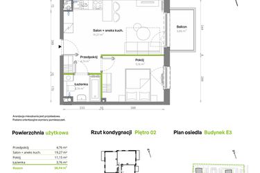 Rzut - Mieszkanie na sprzedaż 2 pokoje o powierzchni 38,94 m² - numer E3.02.22 w Południe Vita