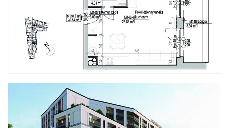 Rzut - Mieszkanie na sprzedaż 1 pokój o powierzchni 32,84 m² - numer 140 w Aleja