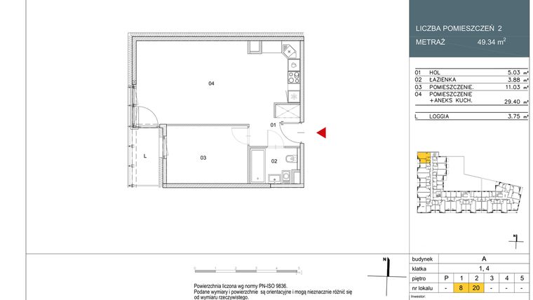 Rzut - Mieszkanie na sprzedaż 2 pokoje o powierzchni 49,34 m² - numer L8 w Morwowa 5 - Apartamenty inwestycyjne