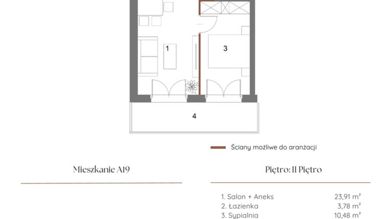Rzut - Mieszkanie na sprzedaż 2 pokoje o powierzchni 38,75 m² - numer A19 w Dąbrowskiego 9