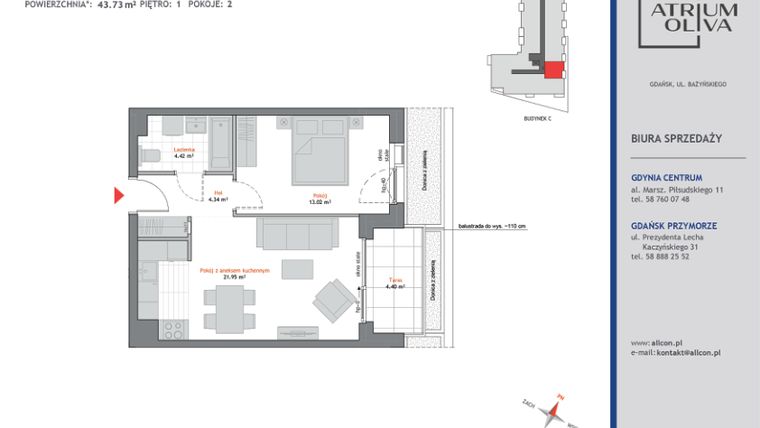 Rzut - Mieszkanie na sprzedaż 2 pokoje o powierzchni 43,73 m² - numer C.1.10 w Atrium Oliva