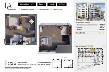 Rzut - Mieszkanie na sprzedaż 2 pokoje o powierzchni 92,02 m² - numer M5.3 w La Vie Art