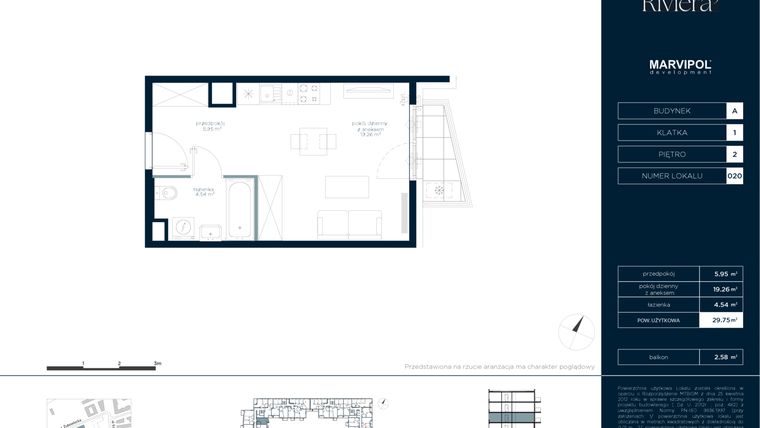 Rzut - Mieszkanie na sprzedaż 1 pokój o powierzchni 29,75 m² - numer A.M020 w Riviera⁵
