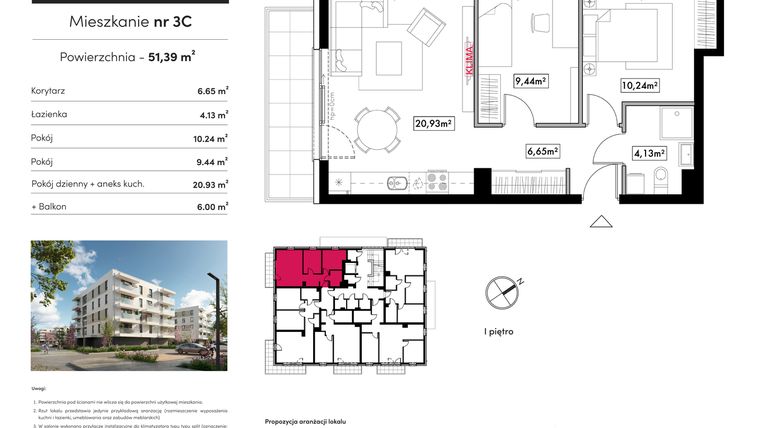 Rzut - Mieszkanie na sprzedaż 3 pokoje o powierzchni 51,39 m² - numer B11.M3C w Novum Rumia