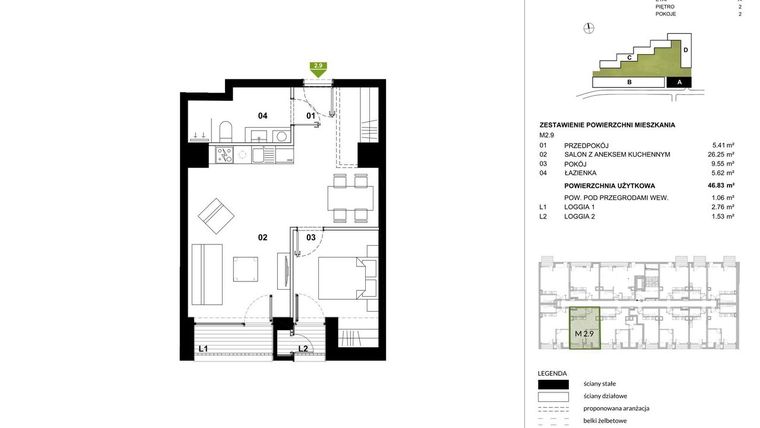 Rzut - Mieszkanie na sprzedaż 2 pokoje o powierzchni 47,89 m² - numer A.2.9 w Kozielska Park