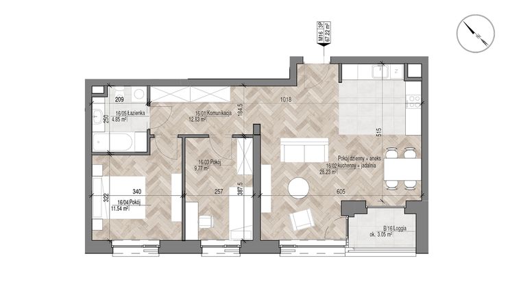 Rzut - Mieszkanie na sprzedaż 3 pokoje o powierzchni 67,22 m² - numer 16 w Apartamenty Czysta