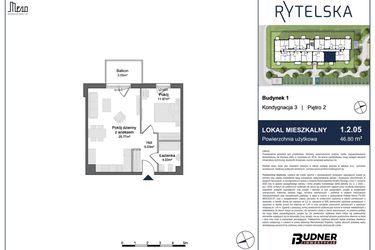 Rzut - Mieszkanie na sprzedaż 2 pokoje o powierzchni 46,8 m² - numer 1.2.05 w Rytelska