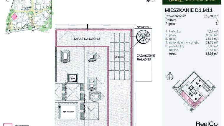 Rzut - Mieszkanie na sprzedaż 3 pokoje o powierzchni 59,78 m² - numer D1.M11 w Apartamenty przy Parku Szczytnickim