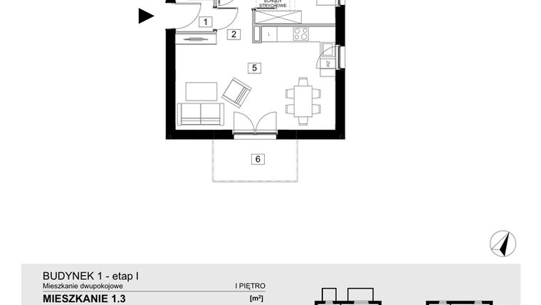 Rzut - Mieszkanie na sprzedaż 2 pokoje o powierzchni 43,55 m² - numer 1.3 w Jasieny