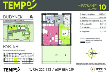 Rzut - Mieszkanie na sprzedaż 2 pokoje o powierzchni 45,09 m² - numer A10 w Osiedle TEMPO
