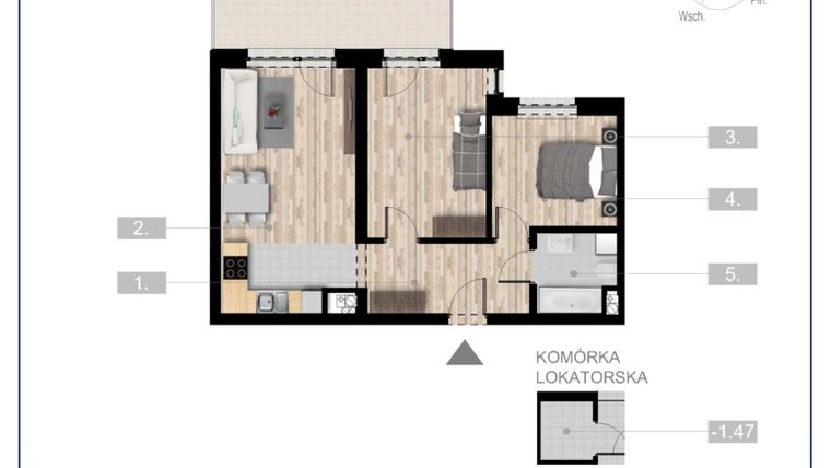 Rzut - Mieszkanie na sprzedaż 3 pokoje o powierzchni 54,86 m² - numer 9 w Szczytno Dąbrowskiego - etap 3