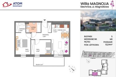 Rzut - Mieszkanie na sprzedaż 3 pokoje o powierzchni 52,04 m² - numer Bud.5-8 w Willa Magnolia