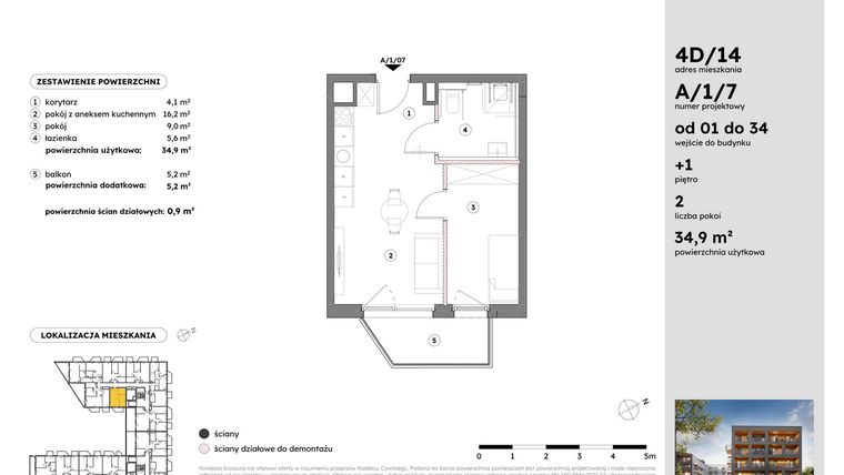 Rzut - Mieszkanie na sprzedaż 2 pokoje o powierzchni 34,85 m² - numer A/1/7 w Osiedle Mateckiego 4ALL