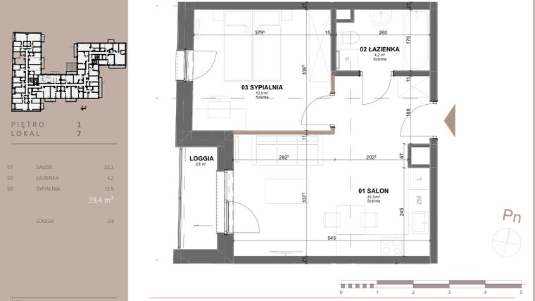 Rzut - Mieszkanie na sprzedaż 2 pokoje o powierzchni 39,4 m² - numer 7 w BETWEEN