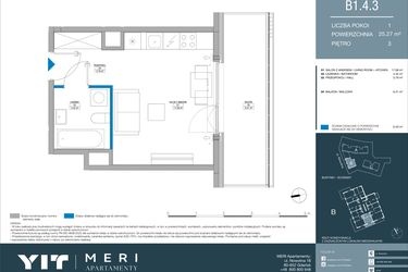 Rzut - Mieszkanie na sprzedaż 1 pokój o powierzchni 25,27 m² - numer B.1.4.3 w Meri Apartamenty