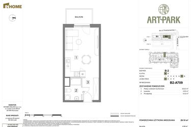 Rzut - Mieszkanie na sprzedaż 1 pokój o powierzchni 29,1 m² - numer B.2.A709 w Inhome Osiedle ArtPark etap I